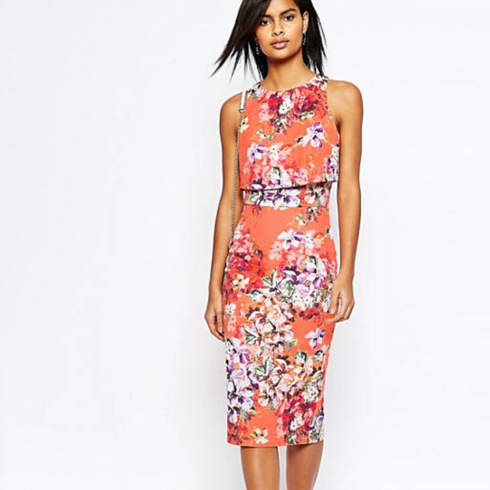 ASOS Crop Top Midi Pencil Dress in Orange Floral